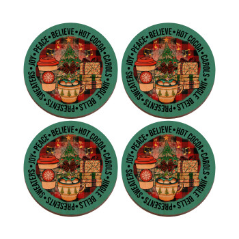 Joy, Peace, Believe, Hot Cocoa, Carols, ΣΕΤ x4 Σουβέρ ξύλινα στρογγυλά plywood (9cm)