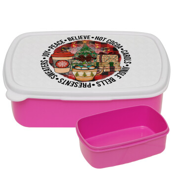 Joy, Peace, Believe, Hot Cocoa, Carols, ΡΟΖ παιδικό δοχείο φαγητού (lunchbox) πλαστικό (BPA-FREE) Lunch Βox M18 x Π13 x Υ6cm