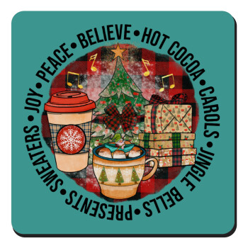 Joy, Peace, Believe, Hot Cocoa, Carols, Τετράγωνο μαγνητάκι ξύλινο 9x9cm
