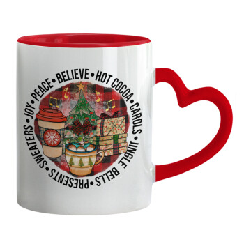 Joy, Peace, Believe, Hot Cocoa, Carols, Mug heart red handle, ceramic, 330ml