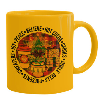 Joy, Peace, Believe, Hot Cocoa, Carols, Ceramic coffee mug yellow, 330ml