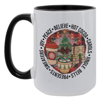 Joy, Peace, Believe, Hot Cocoa, Carols, Κούπα Mega 15oz, κεραμική Μαύρη, 450ml