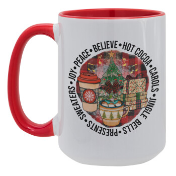 Joy, Peace, Believe, Hot Cocoa, Carols, Κούπα Mega 15oz, κεραμική Κόκκινη, 450ml