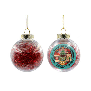 Joy, Peace, Believe, Hot Cocoa, Carols, Χριστουγεννιάτικη μπάλα δένδρου διάφανη με κόκκινο γέμισμα 8cm