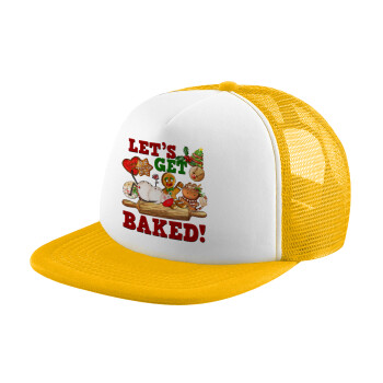 Let's get baked, Adult Soft Trucker Hat with Yellow/White Mesh (POLYESTER, ADULT, UNISEX, ONE SIZE)