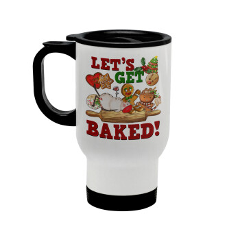 Let's get baked, Stainless steel travel mug with lid, double wall white 450ml