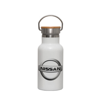 nissan, Μεταλλικό παγούρι θερμός (Stainless steel) Λευκό με ξύλινο καπακι (bamboo), διπλού τοιχώματος, 350ml