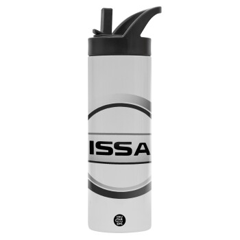 nissan, Metallic thermos bottle with straw & handle, stainless steel (Stainless steel 304), double-walled, 600ml.