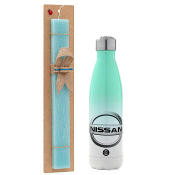 nissan, Easter Set, Metallic green/white thermos (Stainless steel), double-walled, 500ml & scented flat Easter candle (30cm) (TURQUOISE)