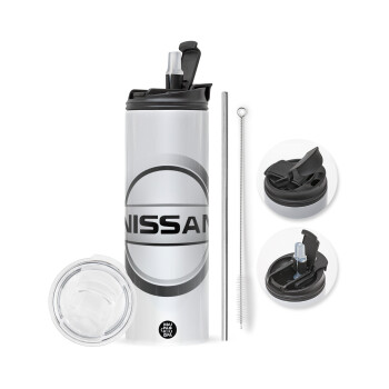 nissan, Travel Tumbler θερμό με διπλό καπάκι, μεταλλικό καλαμάκι και βούρτσα καθαρισμού (Ανωξείδωτο 304 Food grade, BPA free, 600ml)