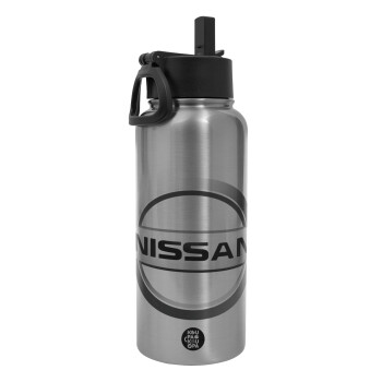 nissan, Metal mug thermo Silver with Straw and Spout Lid (Stainless steel), double wall, 950ml