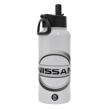 nissan, Metal mug thermo White with Straw and Spout Lid (Stainless steel), double wall, 950ml