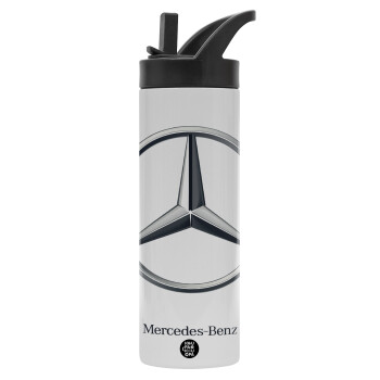 mercedes, Metallic thermos bottle with straw & handle, stainless steel (Stainless steel 304), double-walled, 600ml.