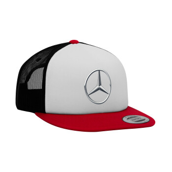 mercedes, Adult Foam Flat Snapback with Mesh Red-White-Black (POLYESTER, ADULT, UNISEX, ONE SIZE)