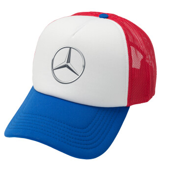 mercedes, Adult Soft Trucker Hat with Red/Blue/White Mesh (POLYESTER, ADULT, UNISEX, ONE SIZE)