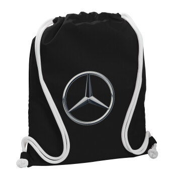 mercedes, Τσάντα πλάτης πουγκί GYMBAG Μαύρη, με τσέπη (40x48cm) & χονδρά λευκά κορδόνια