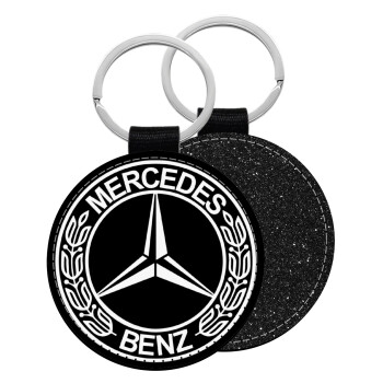 mercedes, Μπρελόκ Δερματίνη, στρογγυλό ΜΑΥΡΟ (5cm)