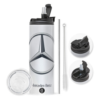 mercedes, Travel Tumbler 2 Lids, with metal straw & cleaning brush (Stainless steel 304 Food grade, BPA free, 600ml)