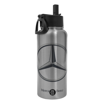 mercedes, Metal mug thermo Silver with Straw and Spout Lid (Stainless steel), double wall, 950ml