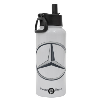 mercedes, Metal mug thermo White with Straw and Spout Lid (Stainless steel), double wall, 950ml