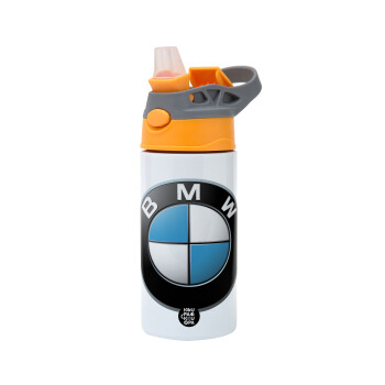 BMW, Children's hot water bottle, stainless steel, with safety straw, Orange/Grey (360ml) BPA-FREE