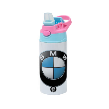 BMW, Children's hot water bottle, stainless steel, with safety straw, Pink/BlueCiel (360ml) BPA FREE