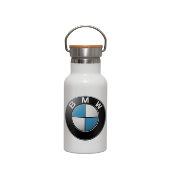 BMW, Metallic thermos (Stainless steel) White with wooden lid (bamboo), double-walled, 350ml