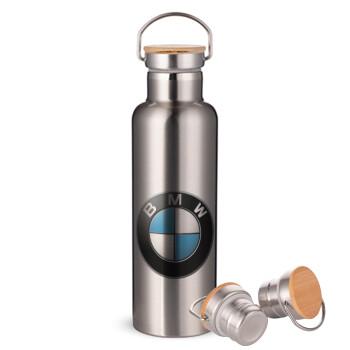 BMW, Μεταλλικό παγούρι θερμός (Stainless steel) Ασημένιο με ξύλινο καπακι (bamboo), διπλού τοιχώματος, 750ml