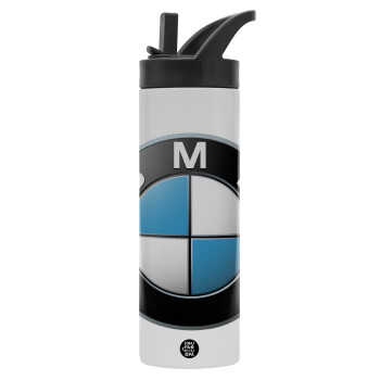 BMW, Metallic thermos bottle with straw & handle, stainless steel (Stainless steel 304), double-walled, 600ml.