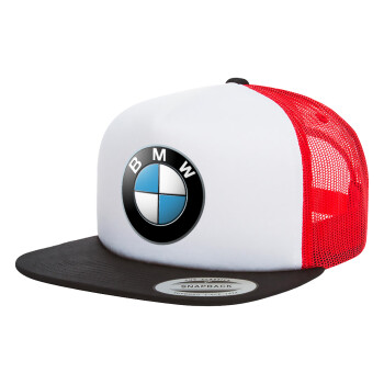 BMW, Adult Foam Flat Snapback with Mesh Black-White-Red (POLYESTER, ADULT, UNISEX, ONE SIZE)