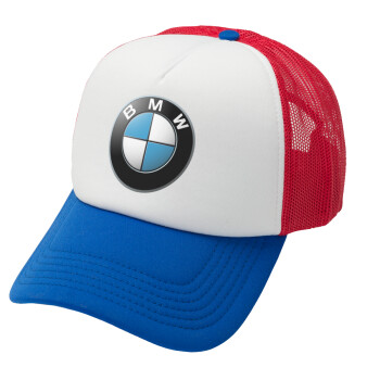 BMW, Adult Soft Trucker Hat with Red/Blue/White Mesh (POLYESTER, ADULT, UNISEX, ONE SIZE)