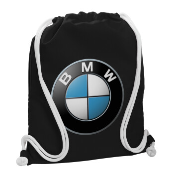 BMW, Τσάντα πλάτης πουγκί GYMBAG Μαύρη, με τσέπη (40x48cm) & χονδρά λευκά κορδόνια