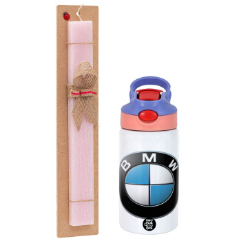 BMW, Easter Set, Children's thermal stainless steel water bottle with safety straw, pink/purple (350ml) & Easter scented flat candle (30cm) (PINK)