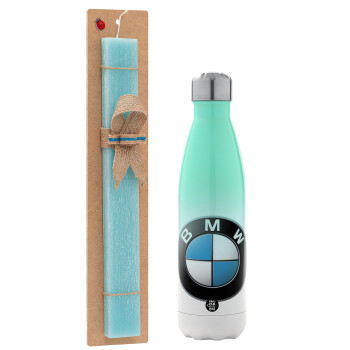 BMW, Easter Set, Metallic green/white thermos (Stainless steel), double-walled, 500ml & scented flat Easter candle (30cm) (TURQUOISE)