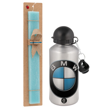 BMW, Easter Set, metallic silver aluminum water bottle (500ml) & scented flat Easter candle (30cm) (TURQUOISE)