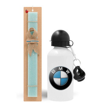 BMW, Easter Set, metallic aluminum water bottle (500ml) & scented flat candle (30cm) (TURQUOISE)