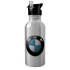 Water bottle Silver with straw, stainless steel 600ml