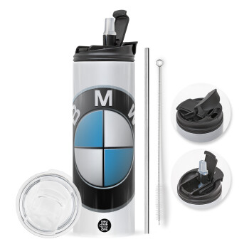 BMW, Travel Tumbler θερμό με διπλό καπάκι, μεταλλικό καλαμάκι και βούρτσα καθαρισμού (Ανωξείδωτο 304 Food grade, BPA free, 600ml)