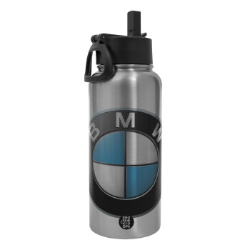 BMW, Metal mug thermo Silver with Straw and Spout Lid (Stainless steel), double wall, 950ml