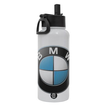 BMW, Metal mug thermo White with Straw and Spout Lid (Stainless steel), double wall, 950ml