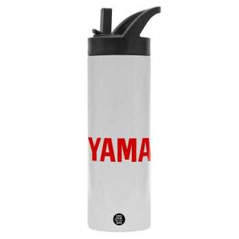 Yamaha, Metallic thermos bottle with straw & handle, stainless steel (Stainless steel 304), double-walled, 600ml.