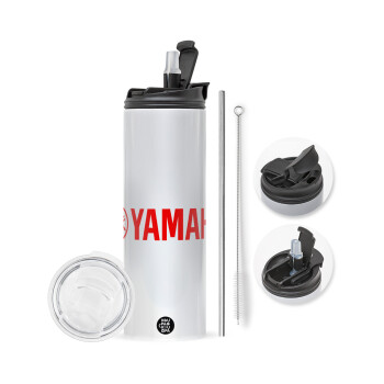 Yamaha, Travel Tumbler θερμό με διπλό καπάκι, μεταλλικό καλαμάκι και βούρτσα καθαρισμού (Ανωξείδωτο 304 Food grade, BPA free, 600ml)