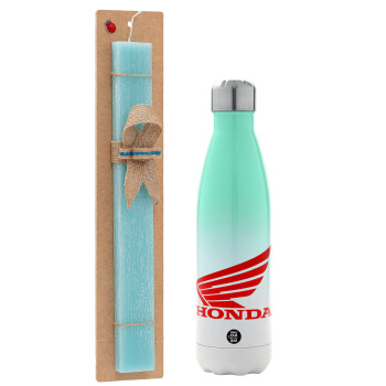 Honda, Easter Set, Metallic green/white thermos (Stainless steel), double-walled, 500ml & scented flat Easter candle (30cm) (TURQUOISE)