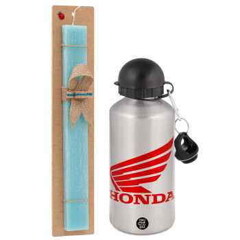 Honda, Easter Set, metallic silver aluminum water bottle (500ml) & scented flat Easter candle (30cm) (TURQUOISE)