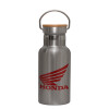 Stainless steel metallic thermos flask, silver with a bamboo lid, double-walled, 350ml.