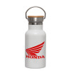 Metallic thermos (Stainless steel) White with wooden lid (bamboo), double-walled, 350ml