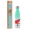 Easter Set, Metallic green/white thermos (Stainless steel), double-walled, 500ml & scented flat Easter candle (30cm) (TURQUOISE)