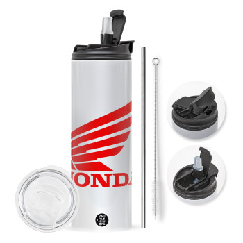 Honda, Travel Tumbler θερμό με διπλό καπάκι, μεταλλικό καλαμάκι και βούρτσα καθαρισμού (Ανωξείδωτο 304 Food grade, BPA free, 600ml)