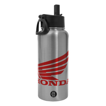 Honda, Metal mug thermo Silver with Straw and Spout Lid (Stainless steel), double wall, 950ml