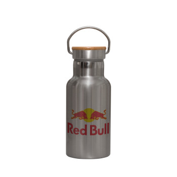 Redbull, Stainless steel metallic thermos flask, silver with a bamboo lid, double-walled, 350ml.